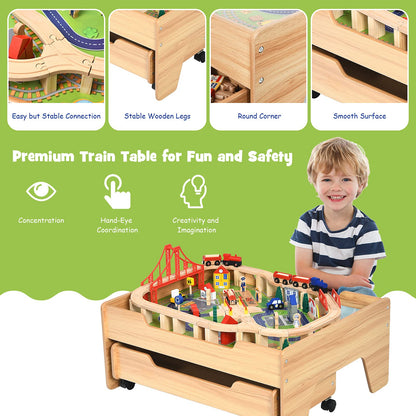 Train Track Set and Table, Wood Kids Play Tables with Drawer on Wheels, 100Pcs Accessories, DIY Railway Activity Playset for Boys Girls