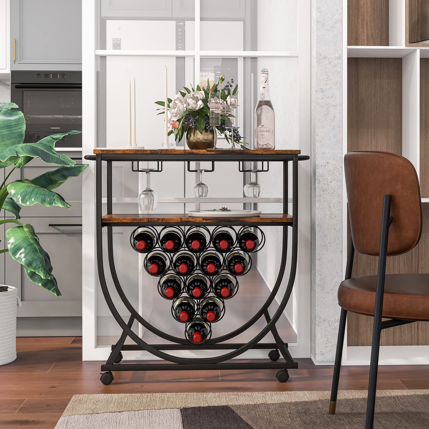 GiantexUK Drinks Trolley on Wheels, Rolling Storage Bar Cart with 2 Open Shelves, Wine Rack, Glass Holder and Handles