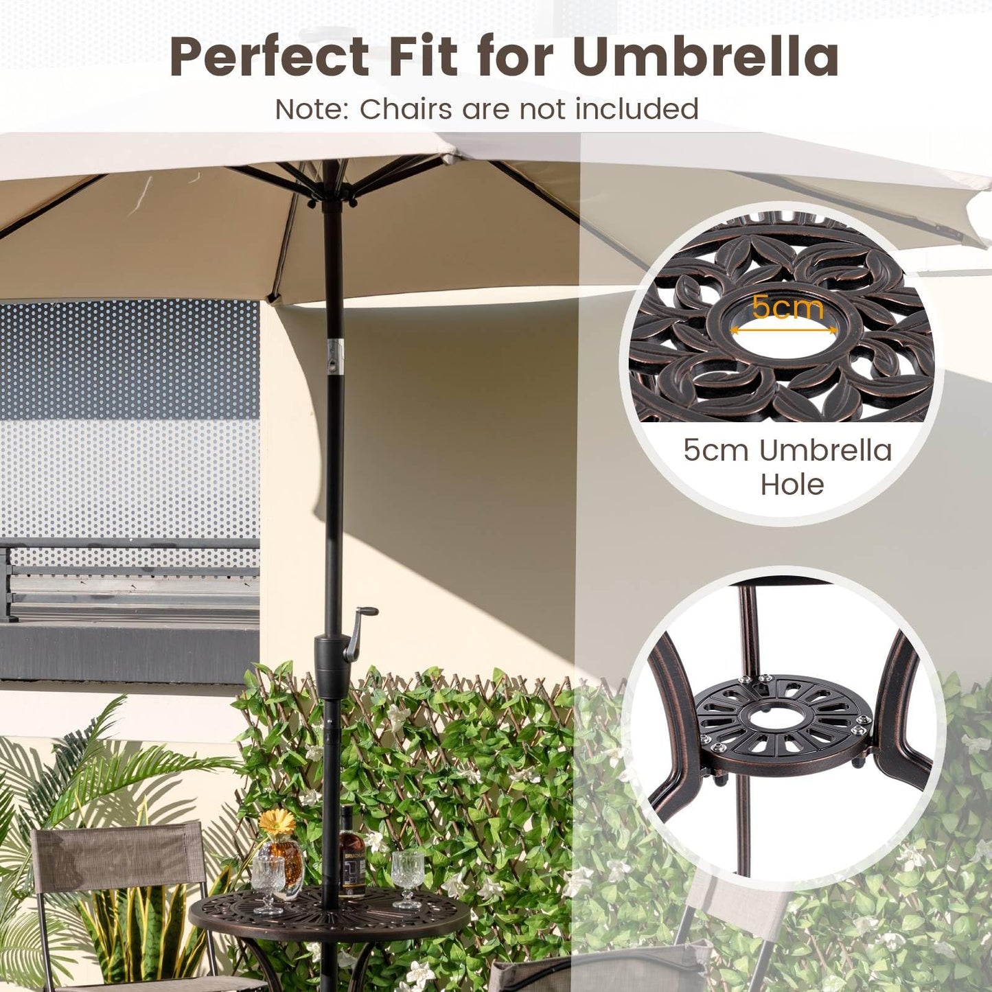 GiantexUK 61cm Round Garden Table, Cast Aluminum Patio Bistro Table with Umbrella Hole & Adjustable Foot Pads(3 Legs, 61 x 71cm)