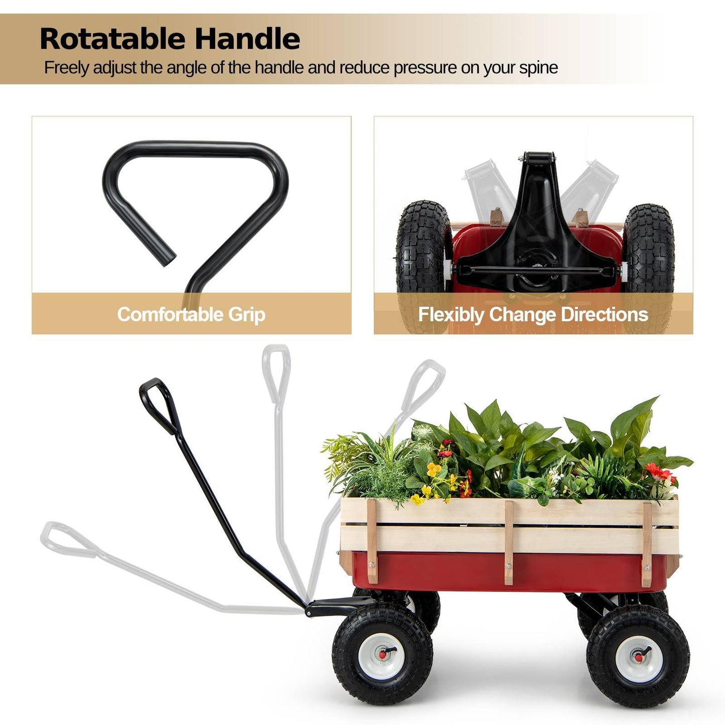 GiantexUK Garden Wagon Cart, Pull Along Cart Kids Trailer with Adjustable Handle & Pneumatic Wheels