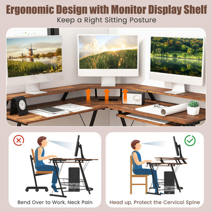 L-shaped Computer Desk, Large Office Desk Corner Desk with Power Outlet, Monitor Shelf & Keyboard Tray