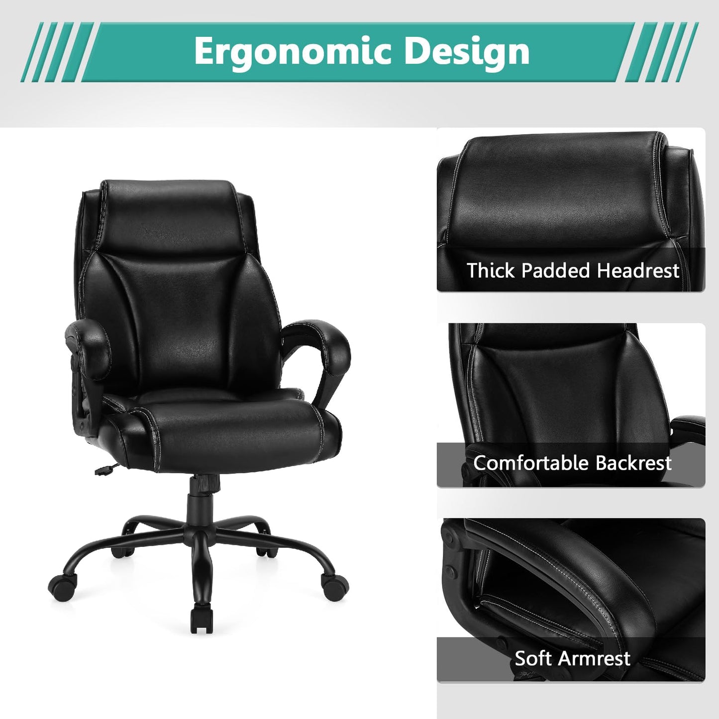 400LBS PU Leather Office Chair, Height Adjustable Big & Tall Executive Chair, Black