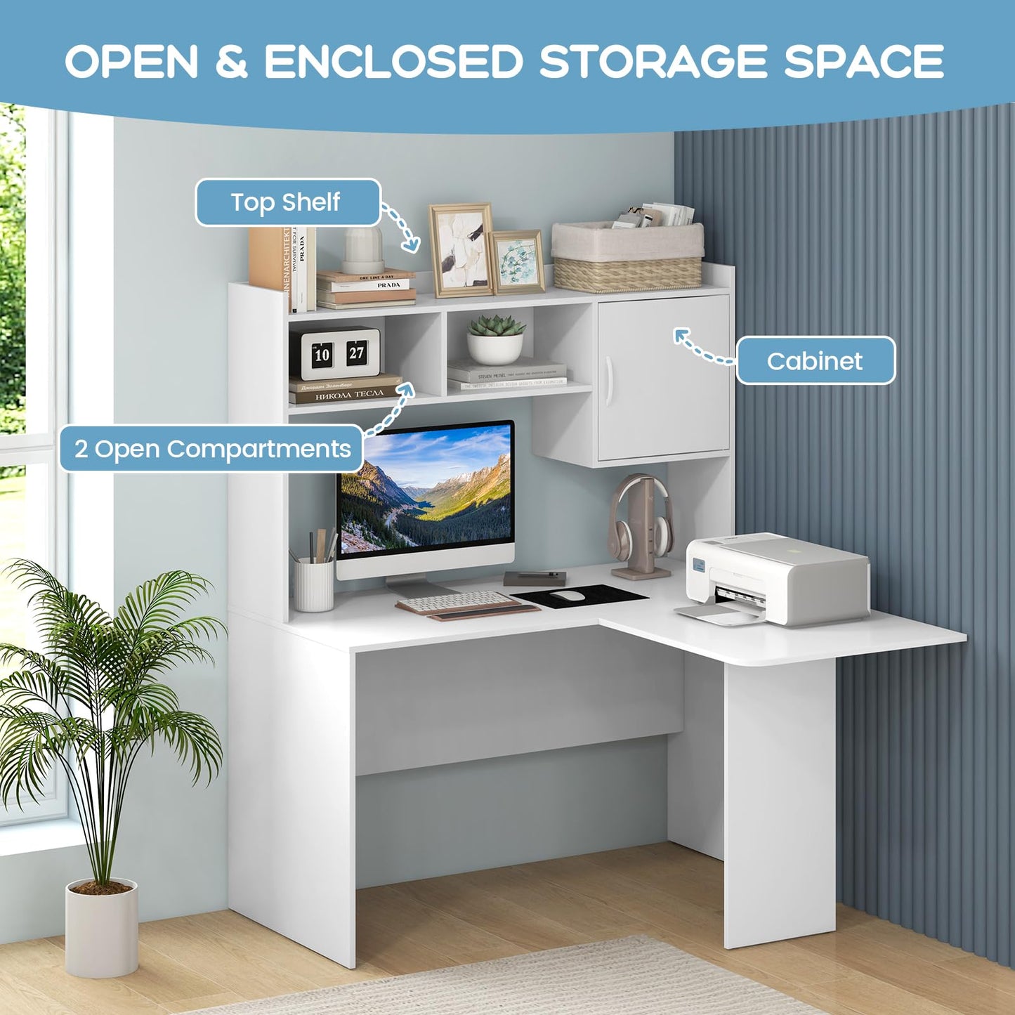 L-Shaped Computer Desk, Corner Writing Workstation PC Laptop Table with Hutch