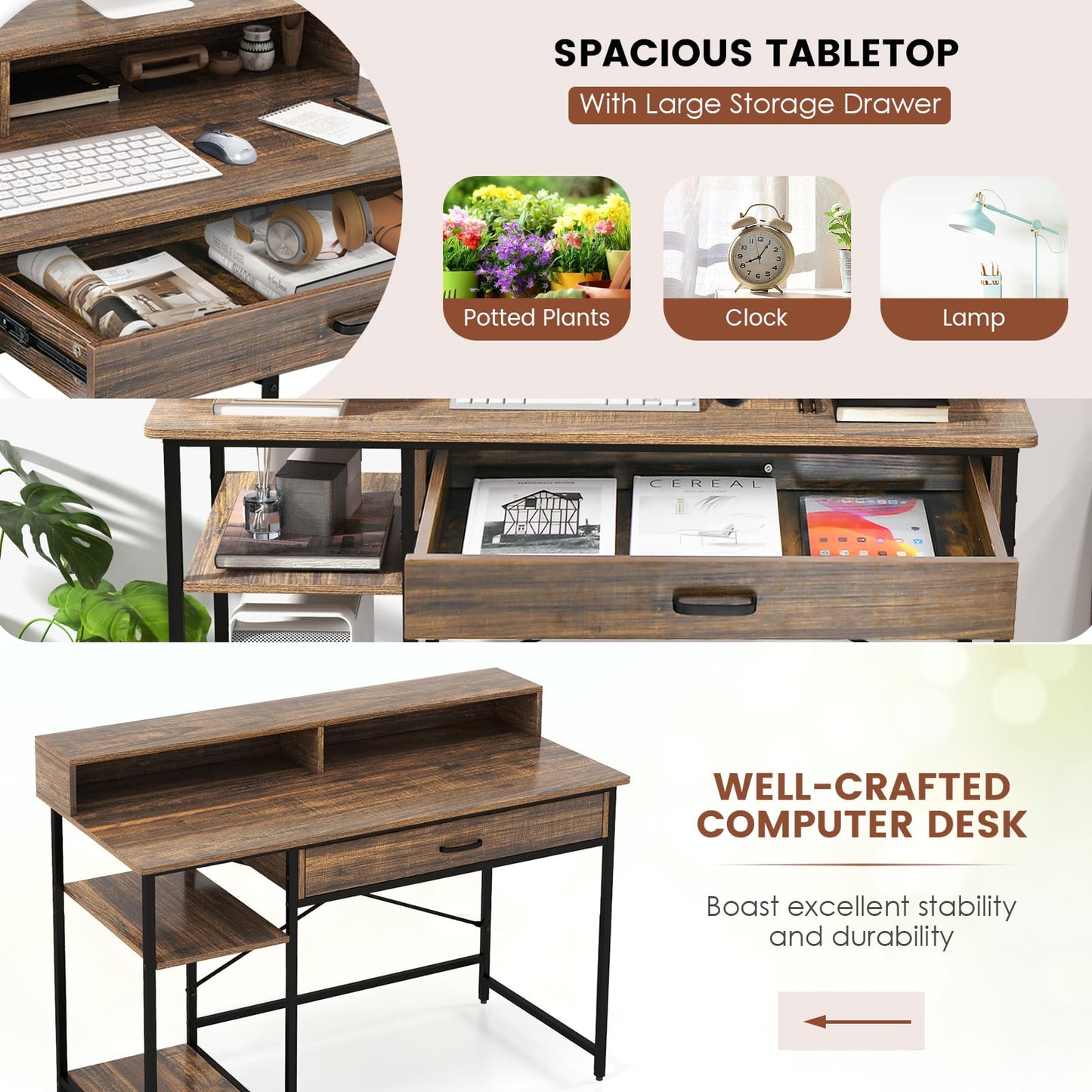 120cm Computer Desk, Industrial Laptop Writing Desk with Monitor Stand, Drawers & Storage Shelves