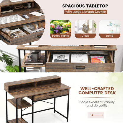 120cm Computer Desk, Industrial Laptop Writing Desk with Monitor Stand, Drawers & Storage Shelves