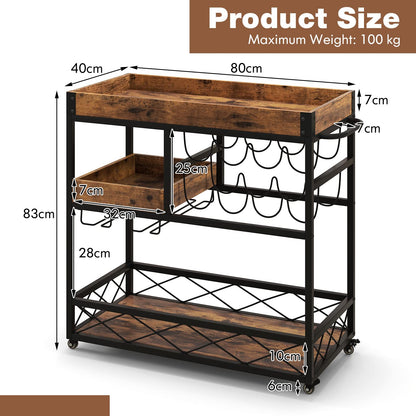 GiantexUK 3-Tier Kitchen Serving Cart, Home Bar Cart Trolley with Wine Rack, Glass Holder, Removable Tray (with Removable Top Tray, 80x40x83cm)