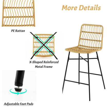 GiantexUK Bar Stools Set of 2, Metal Frame Rattan Bar Chairs with Backrest