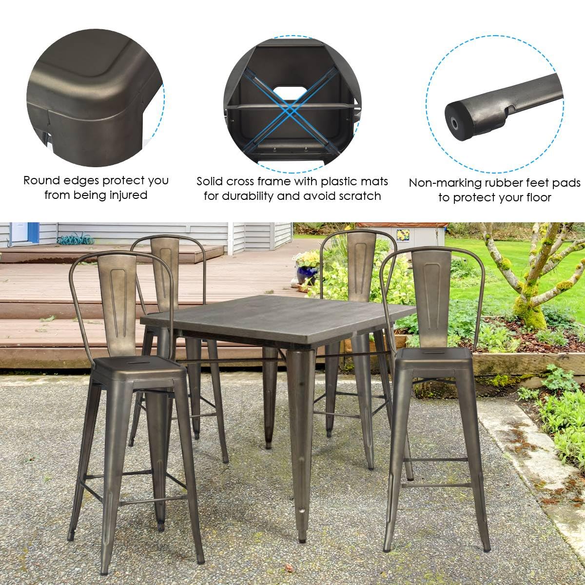 GiantexUK Bar Stools Set of 4, 76CM Seat Height Stackable Metal Kitchen Chairs with Handles, Footrests & Rubber Foot Pads