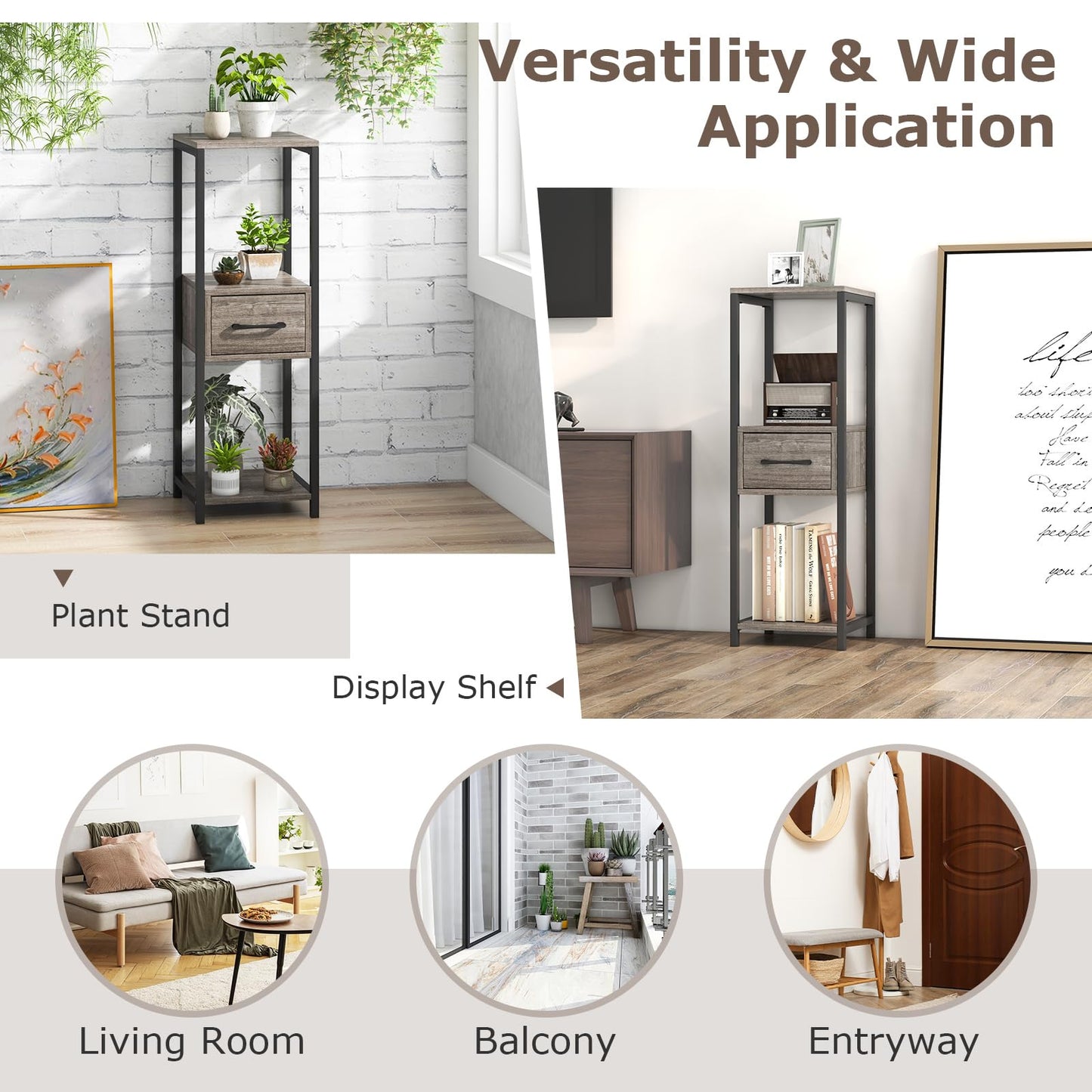 3 Tier Tall Metal Plant Stand, Corner Plant Holder with Anti-tipping Devices (with Middle Drawer)