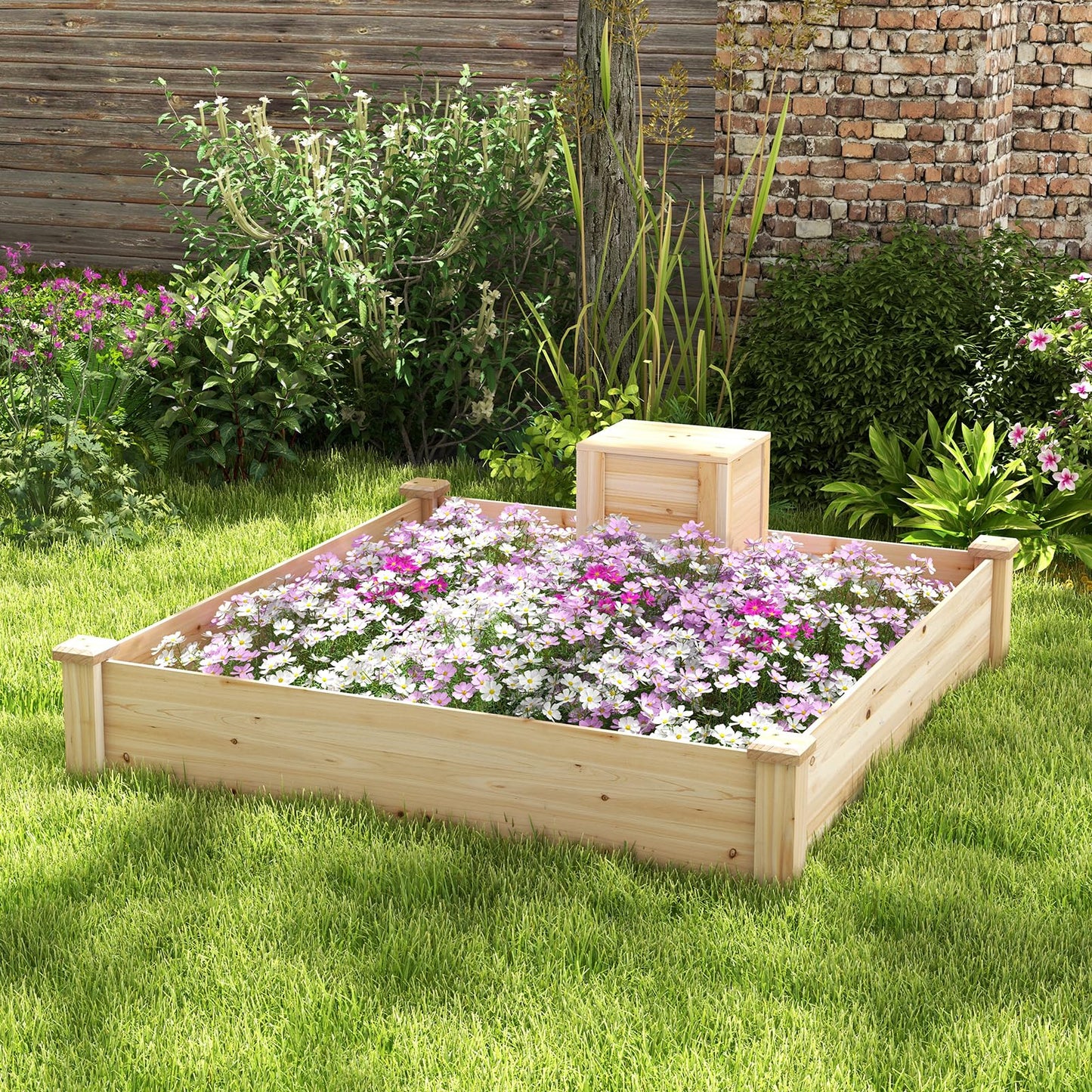 GiantexUK 300L Raised Garden Bed, Wooden Garden Planter Box with Compost Bin & Open Bottom, 124 x 124 x 26cm