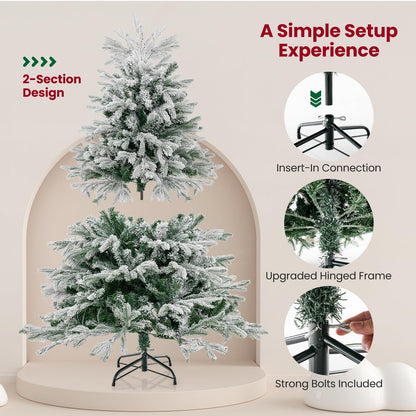 4.5FT/6FT Pre-lit Artificial Christmas Tree, Snow-flocked Hinged Xmas Tree with 200/350 Warm White LED Lights and 688/1022 Branch Tips