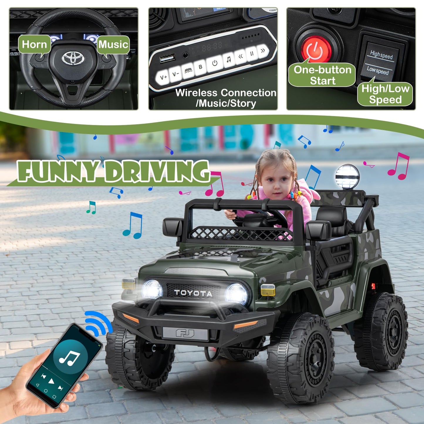 Kids Electric Ride On Car, 12V Licensed Toyota FJ Off Road Truck with Remote Control, Shock Suspension