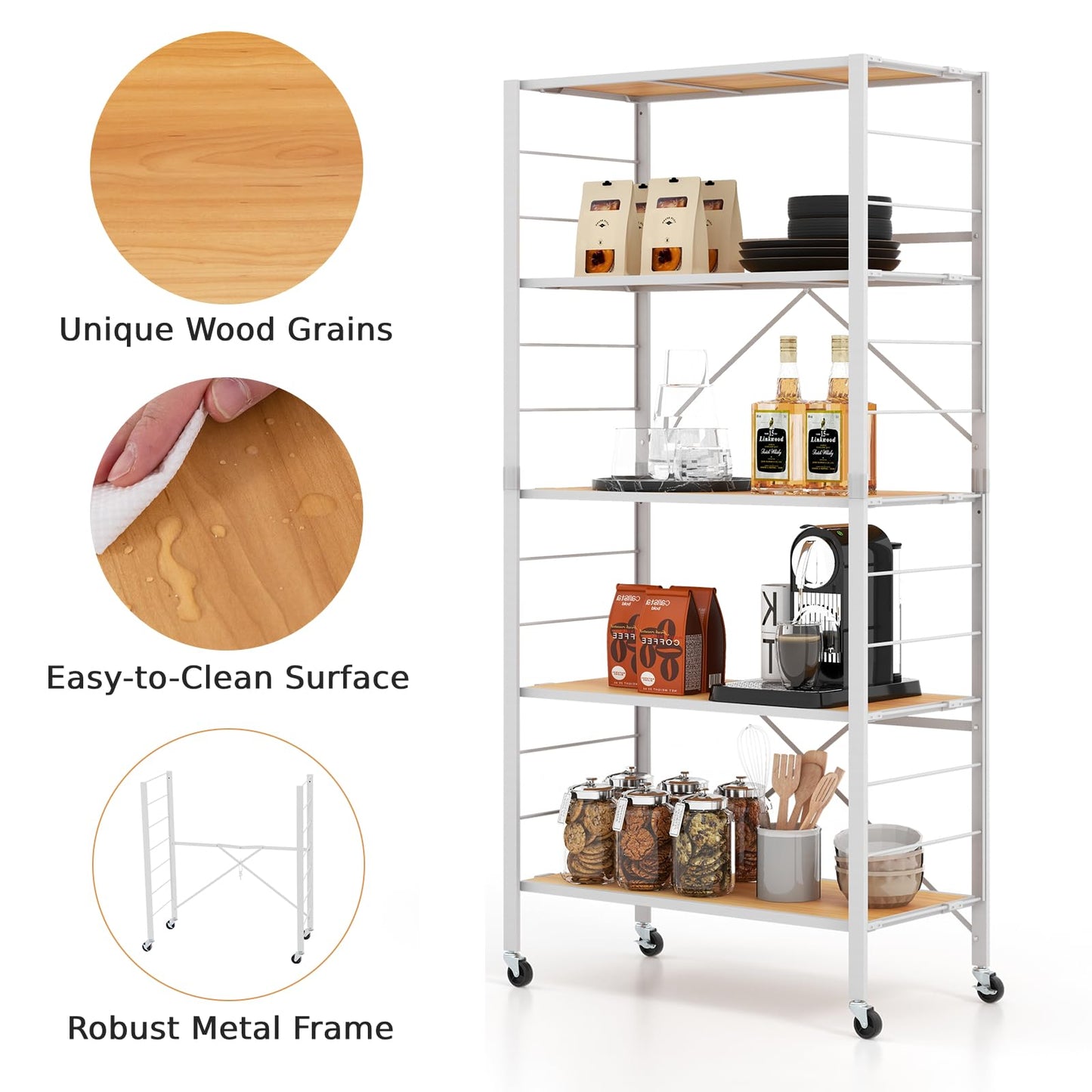 GiantexUK 5-Tier Storage Cart, Foldable Metal Frame Shelving Unit with Wheels, Adjustable Shelves & Anti-Tipping Device