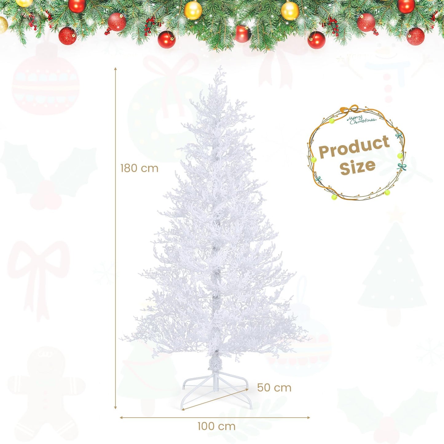 6FT Pre-lit Christmas Tree, Hinged Artificial Xmas Tree with 383 Snow Flocked Branch Tips