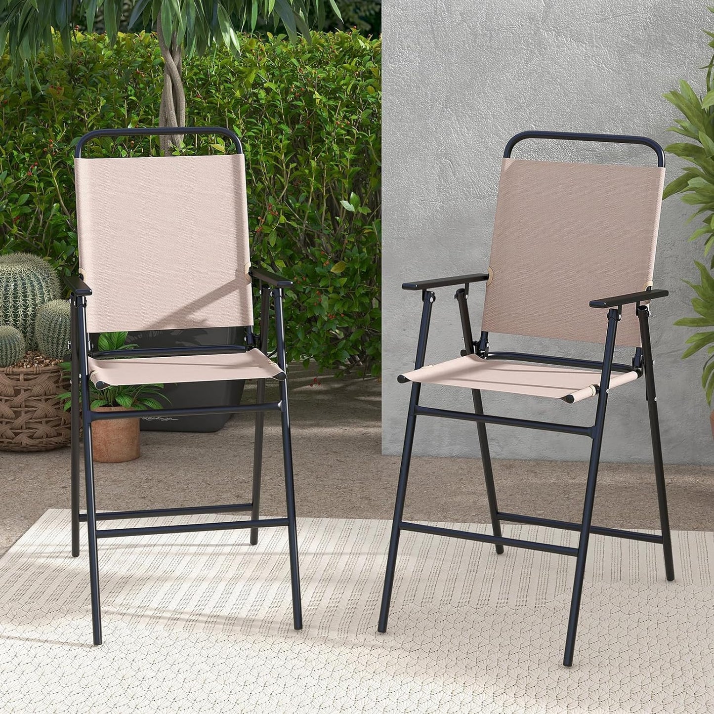 GiantexUK Outdoor Folding Bar Chair Set of 2 with Backrest Armrests Footrest