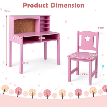 Kids Desk and Chair Set, Wooden Children Study Table with Hutch, Cork Board, Storage Shelves