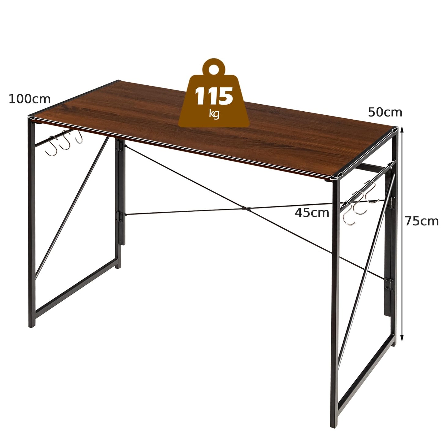 Folding Computer Desk, Modern Simple Study Desk Writing Workstation with 6 Hooks and Crossbars