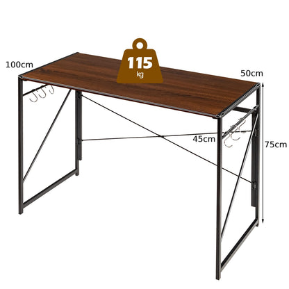 Folding Computer Desk, Modern Simple Study Desk Writing Workstation with 6 Hooks and Crossbars