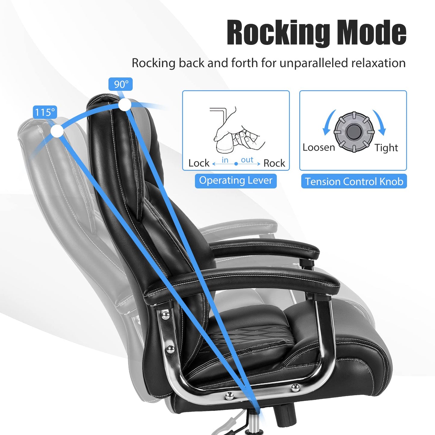 500LBS Big & Tall Executive Office Chair, Height Adjustable Leather Computer Desk Chair, Black+Silver