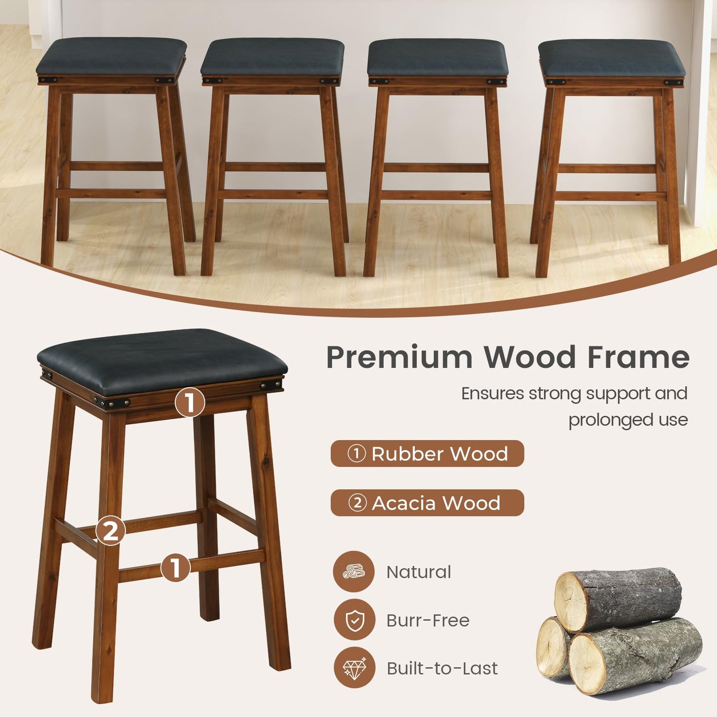 GiantexUK Bar Stools Set of 2, PU Leather Upholstered Kitchen Barstools with Acacia Wood Legs, 50x40x76cm