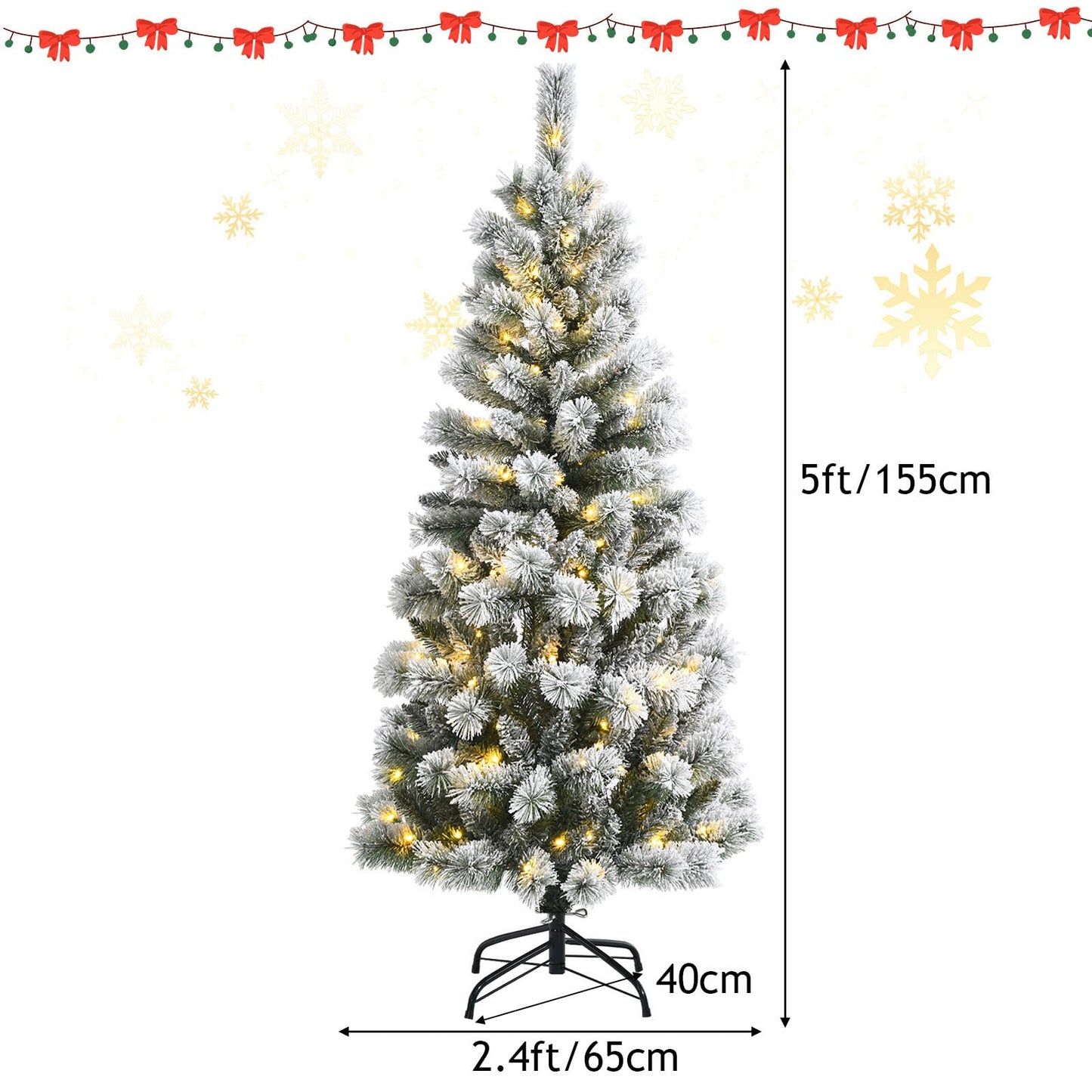 5ft/6ft Pre-lit Artificial Christmas Tree, Hinged Snow Flocked Xmas Tree with 140/200 LED Lights