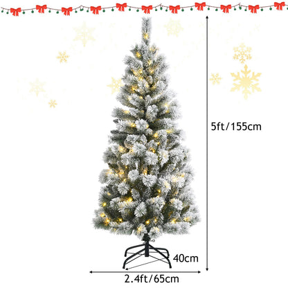 5ft/6ft Pre-lit Artificial Christmas Tree, Hinged Snow Flocked Xmas Tree with 140/200 LED Lights