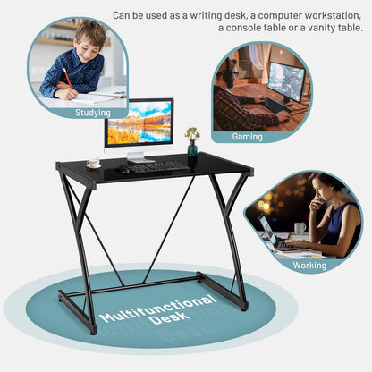 Computer Desk, Modern PC Laptop Table Writing Workstation with Tempered Glass Top, Z-Shaped