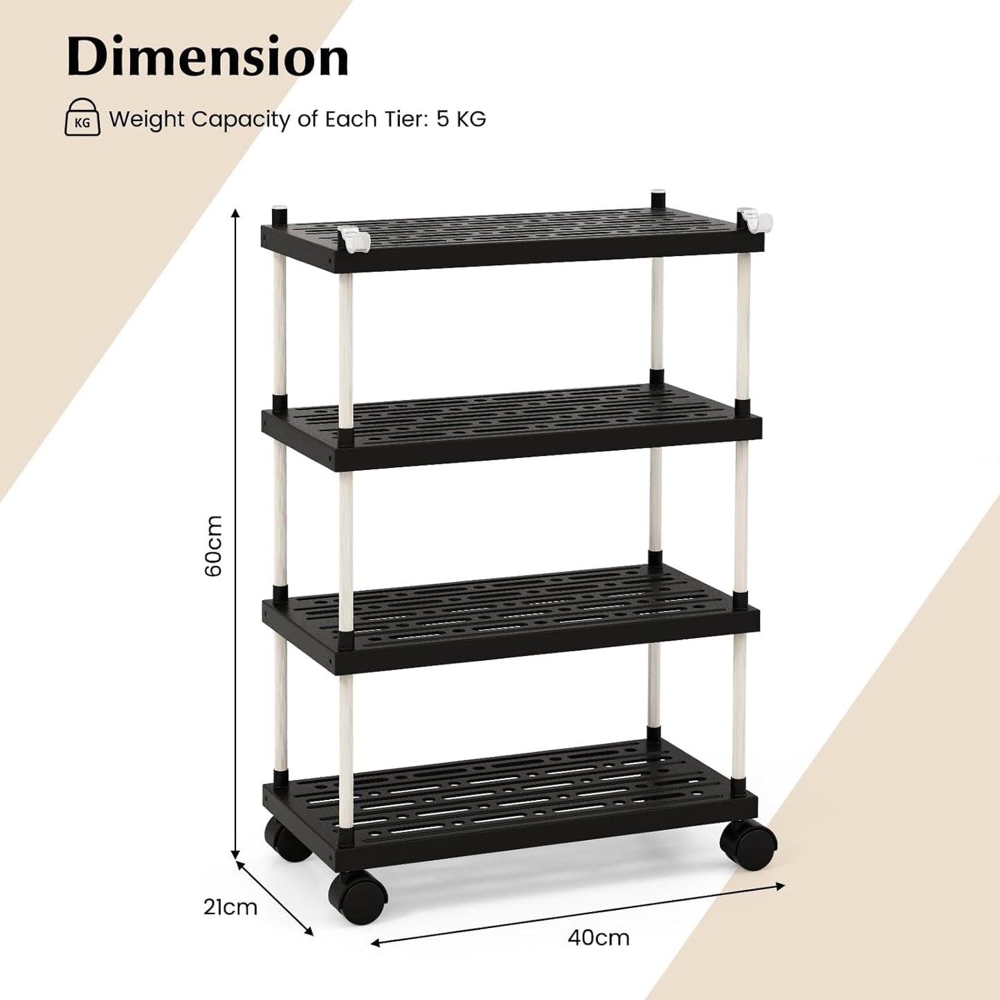 GiantexUK 4 Tier Service Cart, Slide-Out Kitchen Storage Trolley with Wheels and Hooks, Metal Frame Rolling Utility