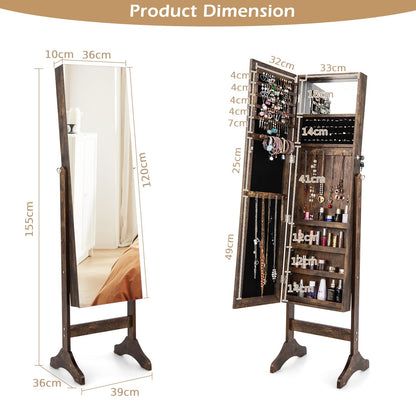 Jewelry Cabinet, Floor Standing Lockable Jewelry Armoire with Full Length Mirror