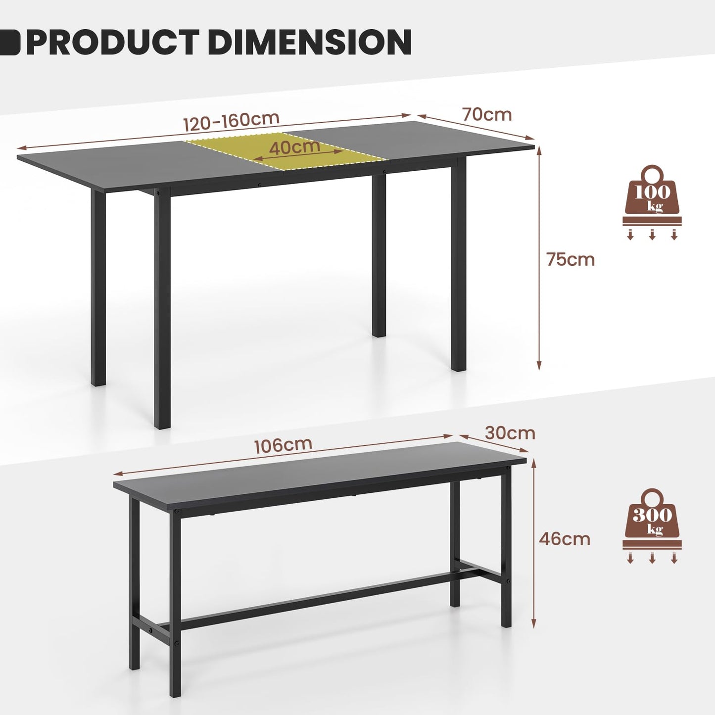 3-Piece Dining Table Set for 4-6, Extendable Kitchen Table and Benches Set with Anti-collision Protector