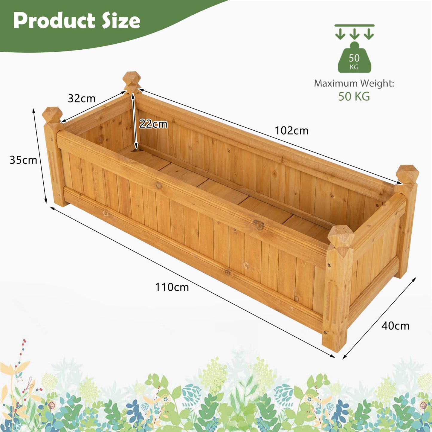 GiantexUK Wooden Garden Planter, Long Rectangular Raised Bed Flower Pot with 4 Drainage Holes (Natural, 110x40x35cm)