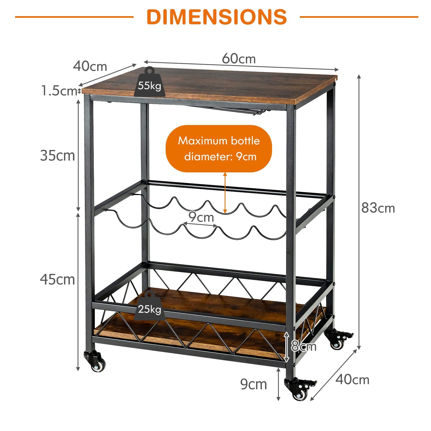 GiantexUK Kitchen Storage Trolley on Wheels, Rolling Bar Cart with 2 Glass Holders & Wine Rack