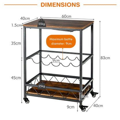 GiantexUK Kitchen Storage Trolley on Wheels, Rolling Bar Cart with 2 Glass Holders & Wine Rack