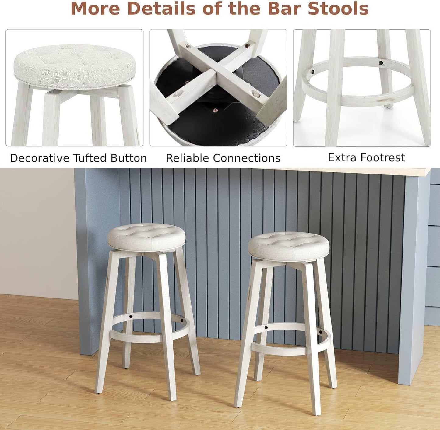 GiantexUK Swivel Bar Stools Set of 2, Upholstered Kitchen Barstools with Footrest, Linen Fabric Exterior 76cmH