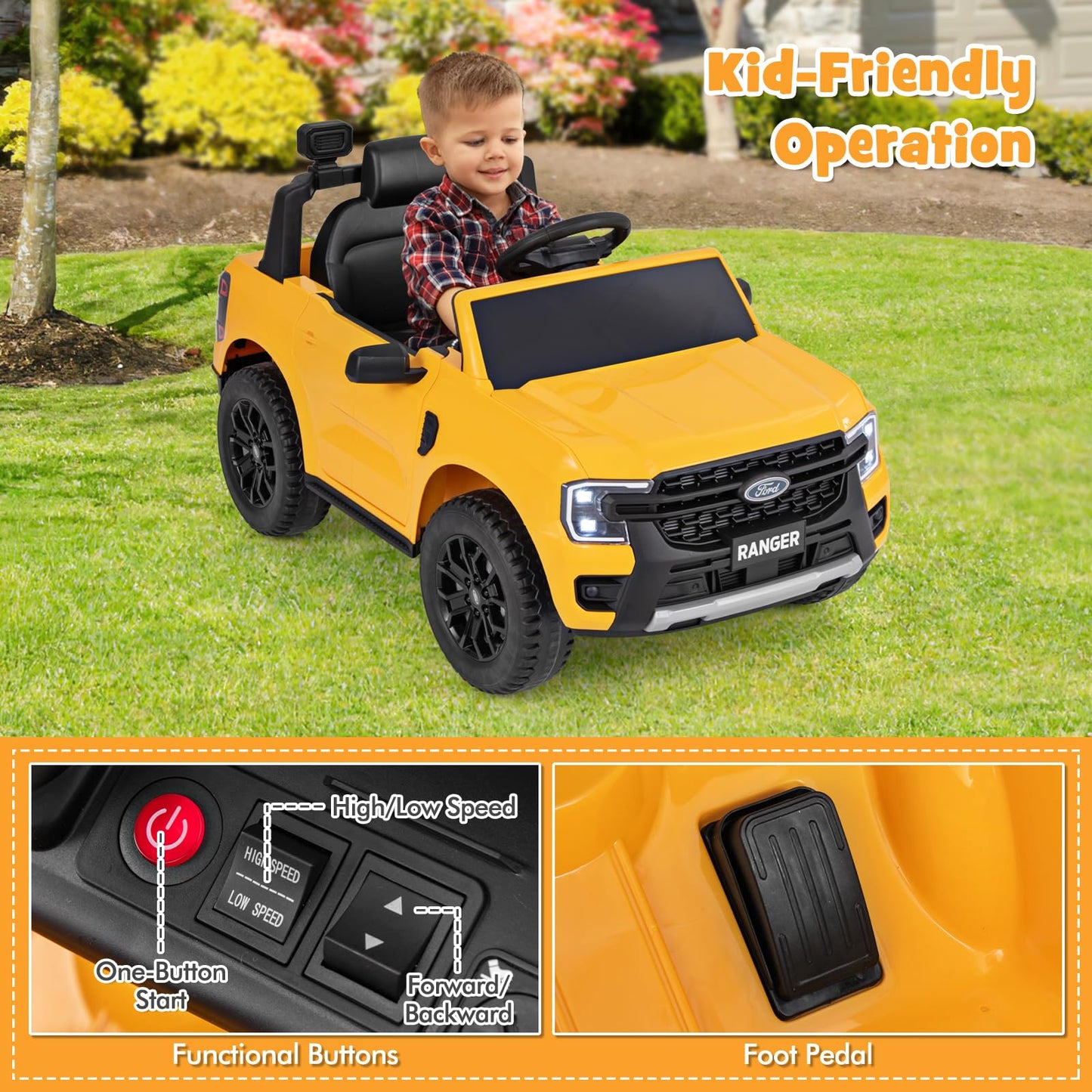 12V Kids Electric Ride on Car with Remote Control, Storage Basket, USB, Music, Light, Wireless and Power Display