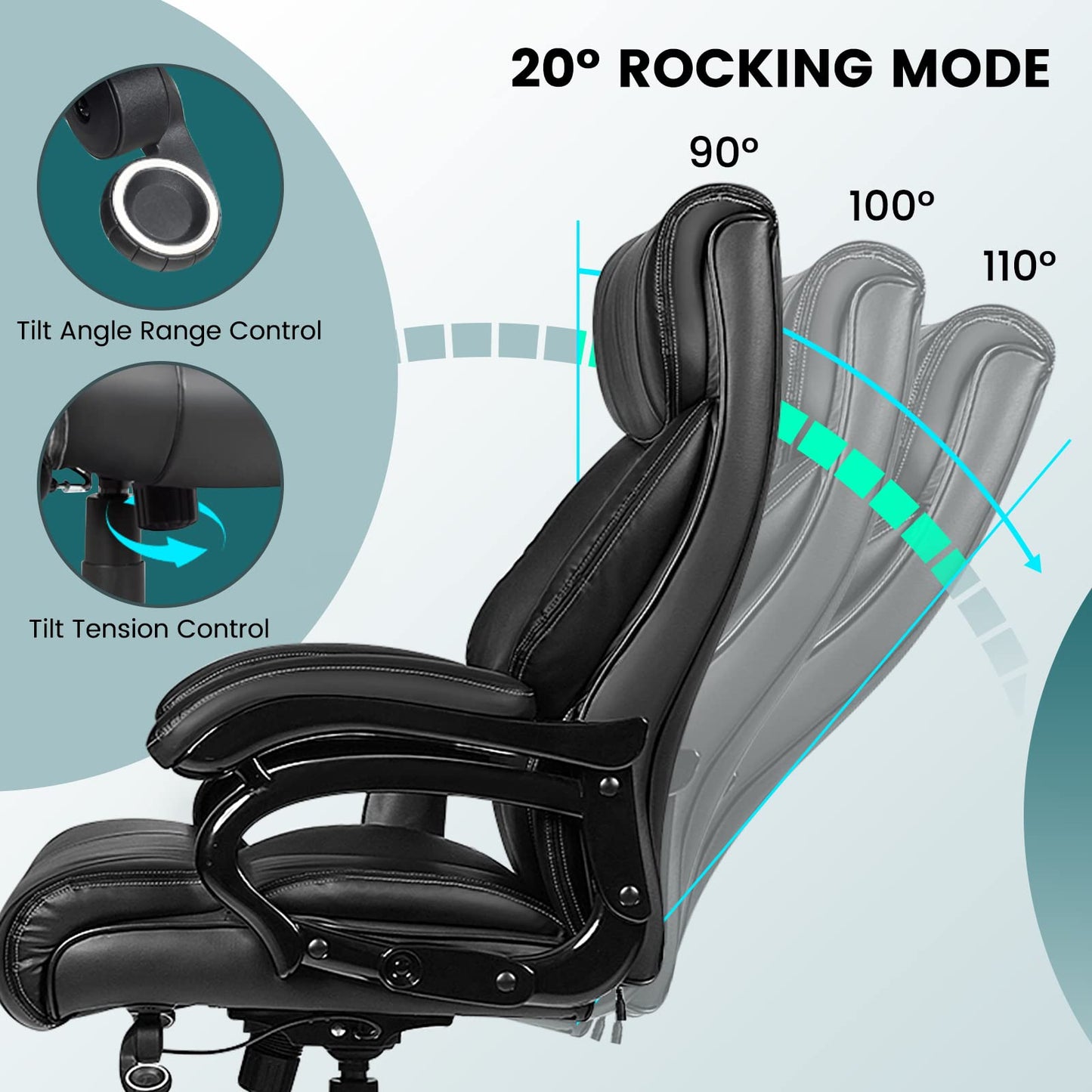 400LBS Big & Tall Executive Office Chair, Height Adjustable PU Leather Computer Desk Chair with Rocking Backrest