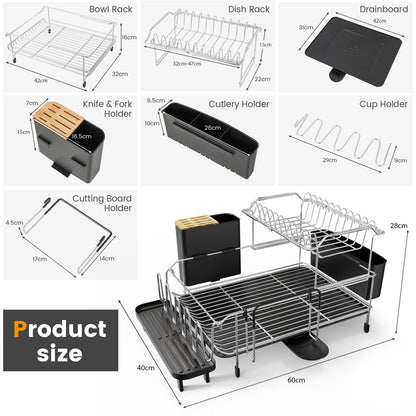 GiantexUK 2-Tier Dish Drainer Rack, Metal Frame Dish Drying Rack with Bowl Rack, Removable Dish Rack