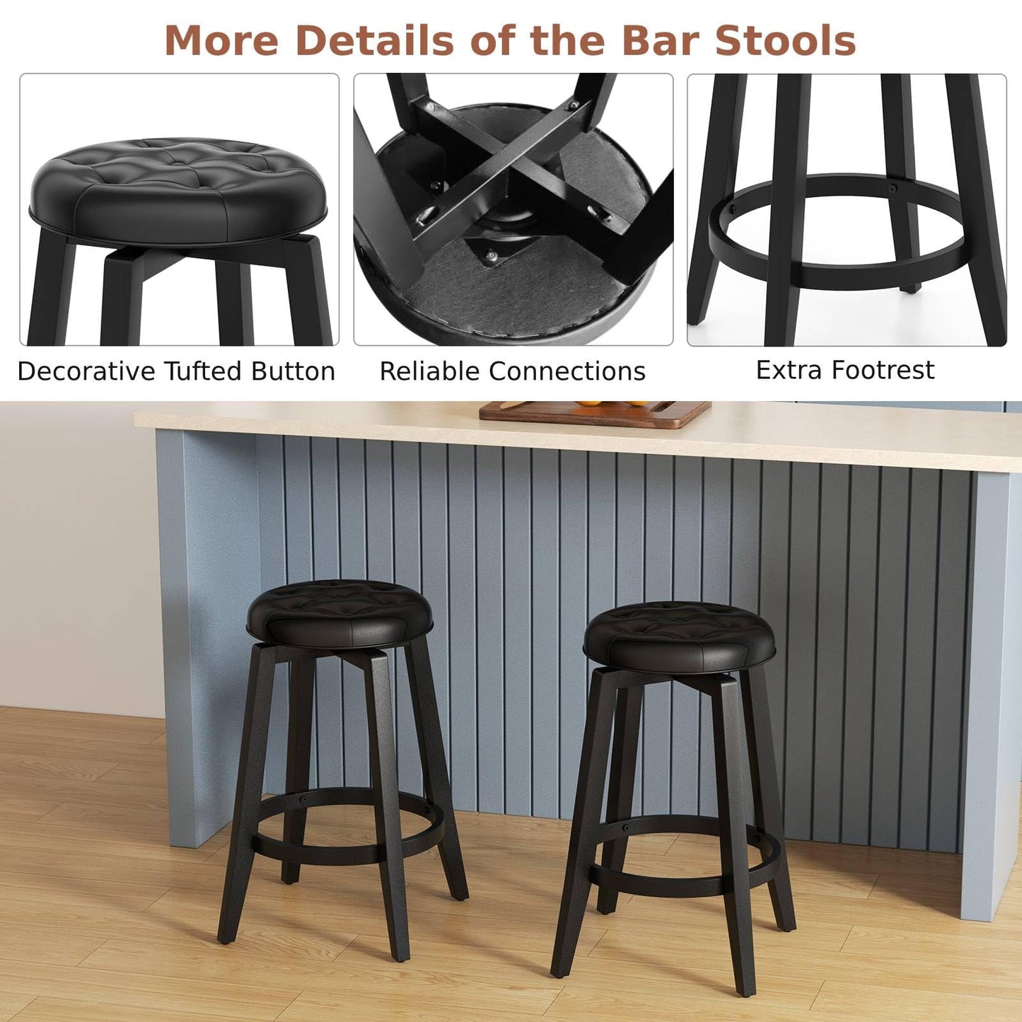 GiantexUK Swivel Bar Stools Set of 2, Upholstered Kitchen Barstools with Footrest, PVC Exterior 66cmH