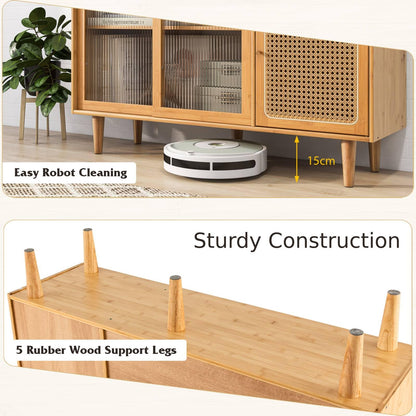 GiantexUK Buffet Storage Cabinet, Bamboo Kitchen Sideboard with 2 Tampered Glass Sliding Doors