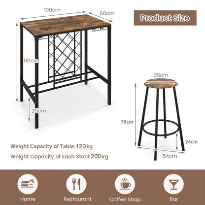 GiantexUK 5-Piece Bar Table Set, 4 Seater Dining Table and Stools Set with Wine Rack & Glass Holders