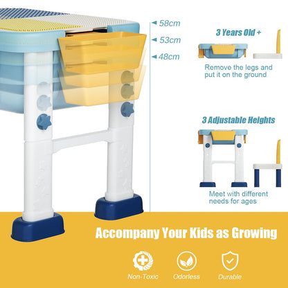 Kids Building Blocks Table and Chair Set, Height Adjustable Activity Table with Double-Side Tabletop