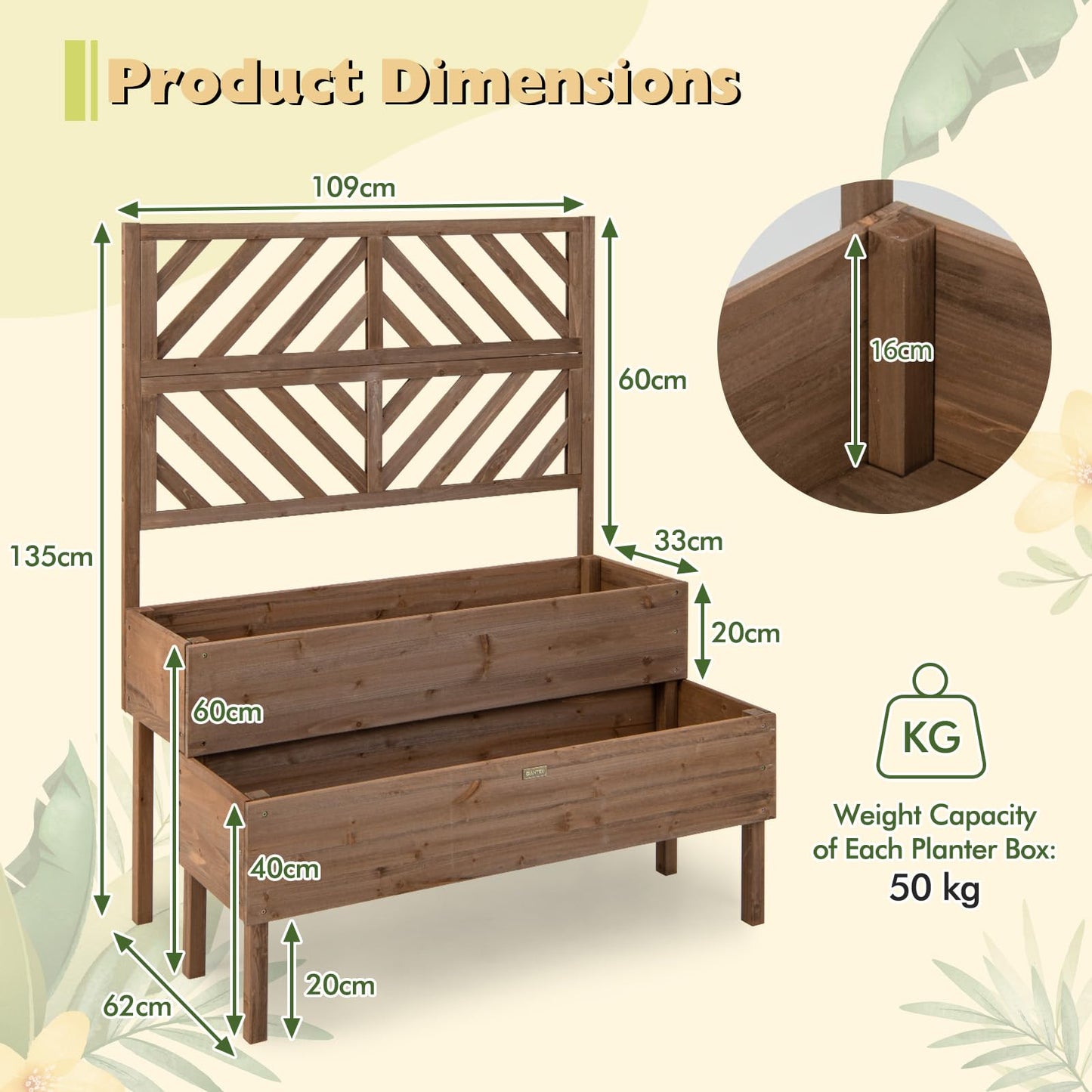 GiantexUK 2-Tier Garden Garden Bed with Trellis, Wood Garden Planter with Drainage Hole