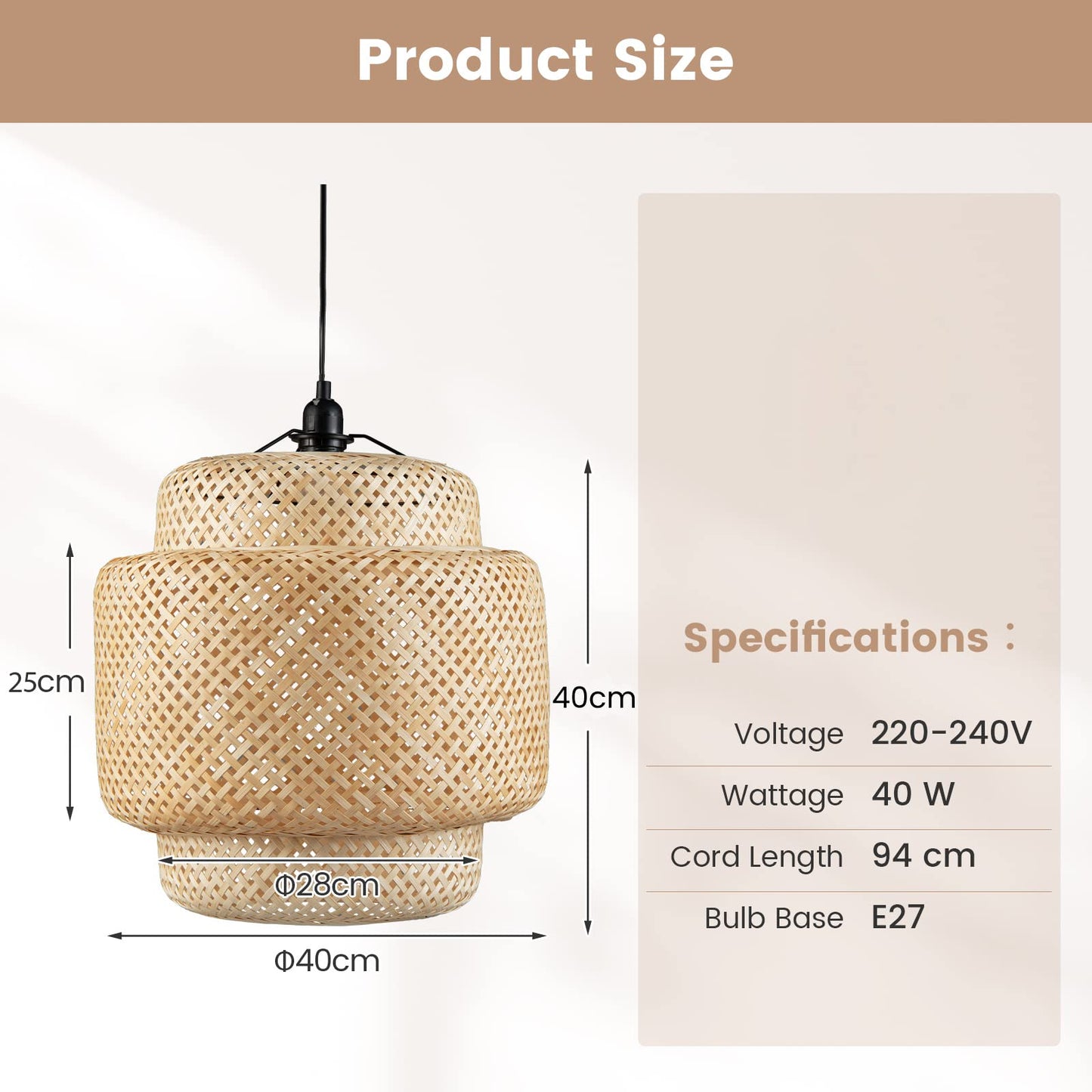 GiantexUK Bamboo Pendant Light, Height Adjustable Ceiling Fitting Light Fixtures with E27 Bulbs Holder & Handwoven Lampshade