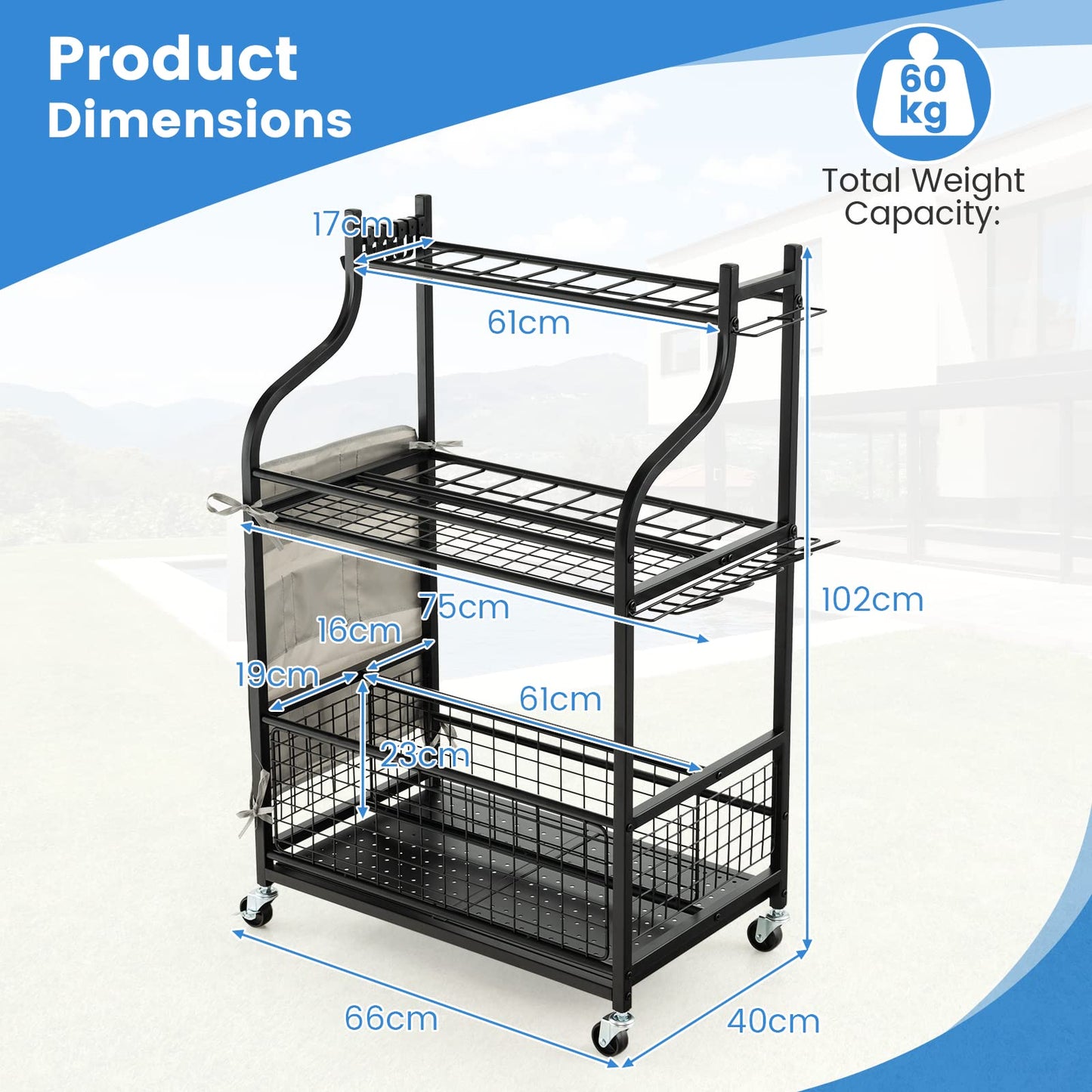 GiantexUK 3-Tier Garden Tool Organizer, Rolling Yard Tool Holder Stand on Wheels