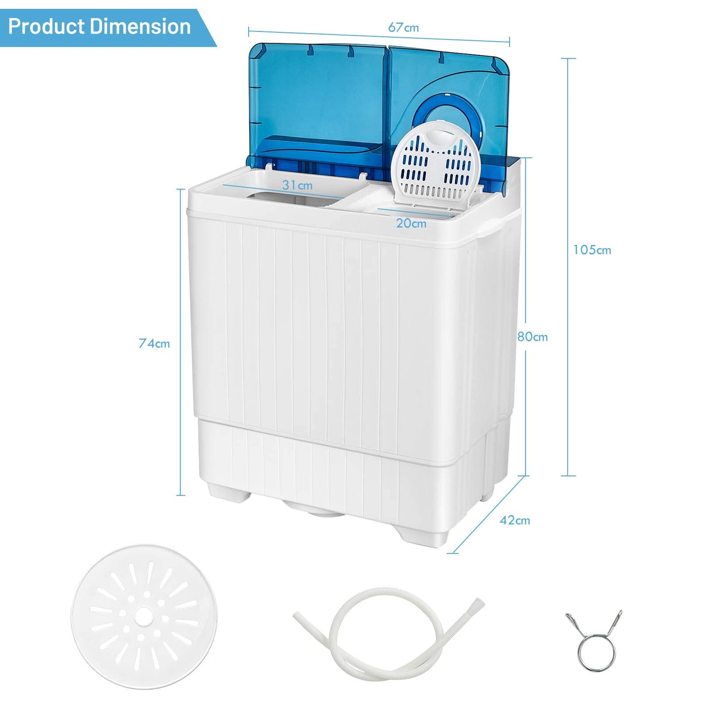 GiantexUK Twin Tub Washing Machine, 8.5KG Washing Machine and Spin Dryer Combo with Drainage & Timer Control (6.5kg Washer 2kg Dryer)