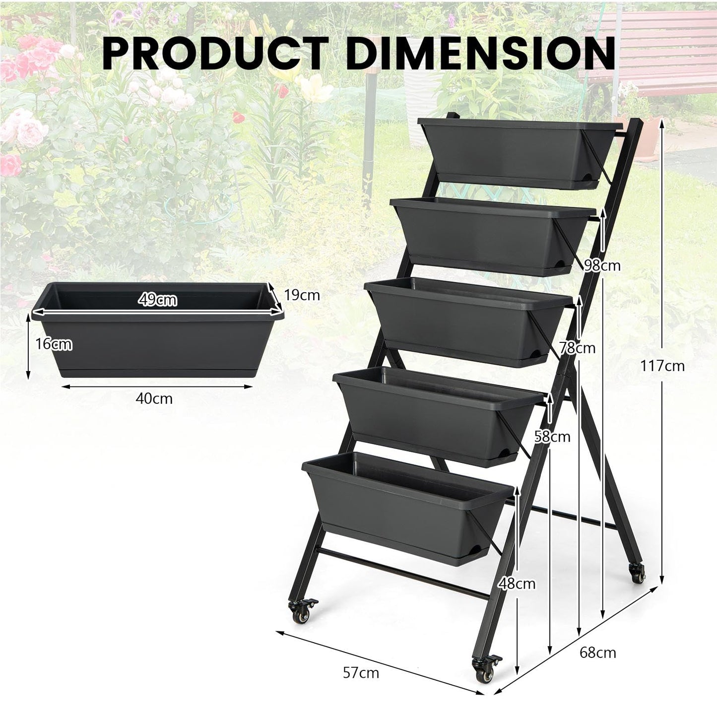 GiantexUK Raised Garden Bed, 5 Tier Vertical Ladder Planter with 5 Removable Trays, Wheels & Drain Holes (with Wheels, Black, 57 x 68 x 117cm)