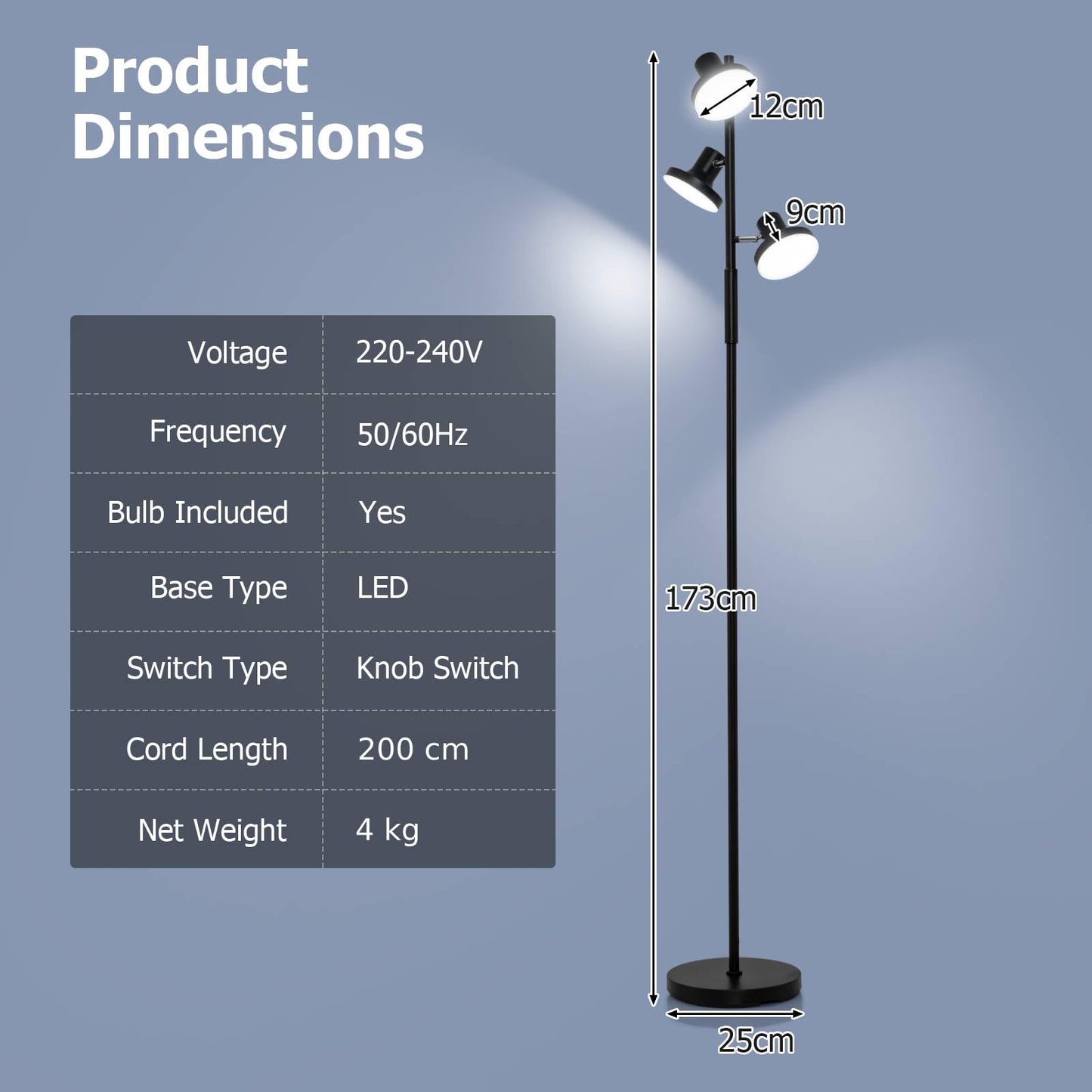 GiantexUK 3-Lights Floor Lamp, Industrial Standing Corner Lamp with Rotatable Light Heads, Adjustable Brightness & Weight Base