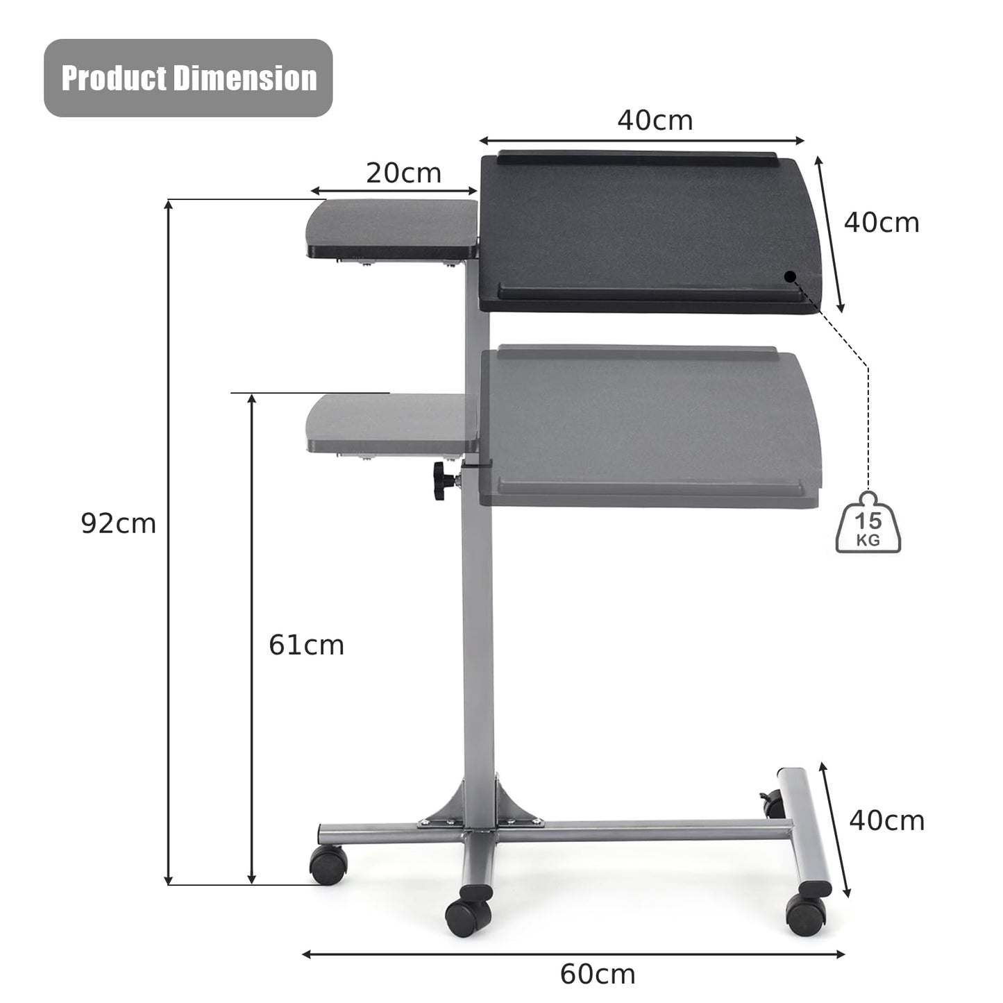 Mobile Laptop Table, Height Adjustable Overbed C-shaped Tray Table with Lockable Casters