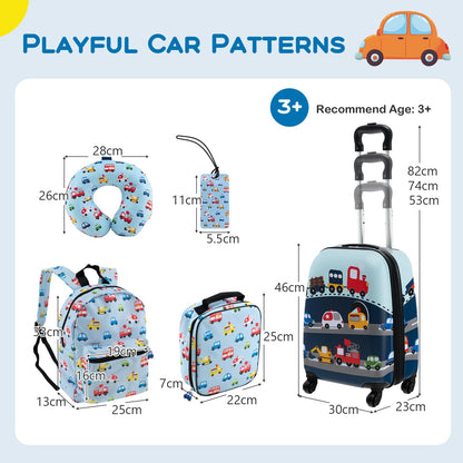 5Pcs Kids Luggage Set, 13" Backpack & 16" Children Hardshell Suitcase with Wheels, Neck Pillow