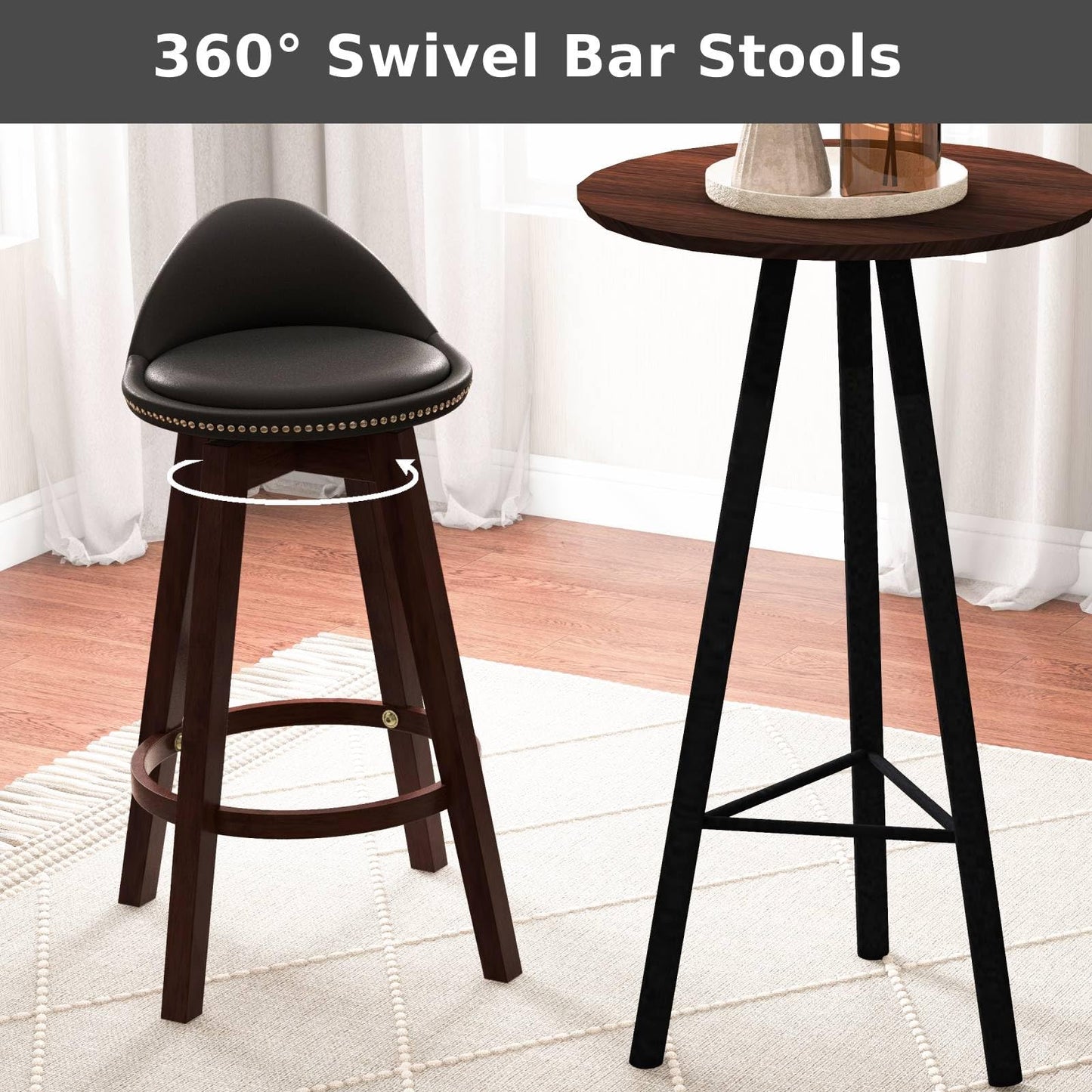 GiantexUK Bar Stools Set of 2, Upholstered Swivel Barstools with Rivets, Padded Back, Rubber Wood Legs & Footrest